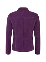 Back view of purple suede blazer showing clean back panel, center seam, structured shoulders, and shaped waist on white background.