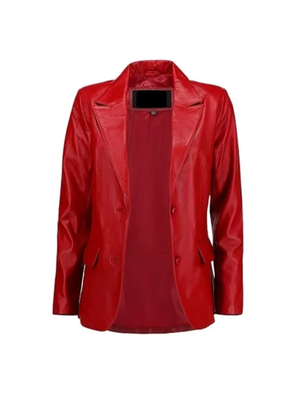 Front view of red leather blazer with visible inner lining