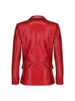 Back view of red leather blazer with tailored fit