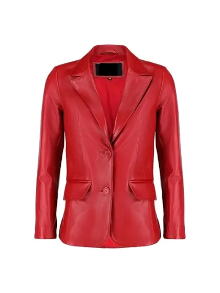 Front buttoned red leather blazer with flap pockets