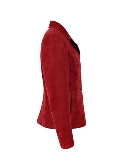 Side view of red suede blazer showing a fitted profile, long sleeve, smooth suede texture, and side pocket opening on white background.