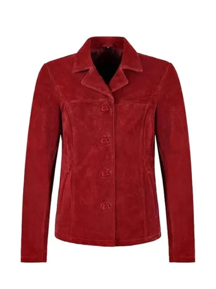 Front view of red suede blazer with lapel collar, four-button front, long sleeves, and clean seam detailing on white background.