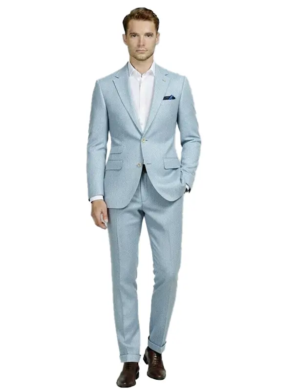 Sky Blue Seersucker Style Suit Front View Front view of a Sky Blue Seersucker Style Suit with a modern notched lapel.