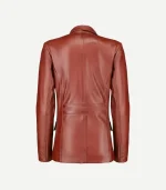 Tan Leather Blazer featuring a minimalist design and a premium polished surface in a rich, dark biscuit-tan tone.