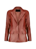 Front buttoned Tan Leather Blazer with flap pockets