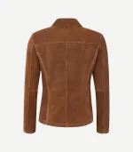 tan suede blazer styled with a minimalist design and a premium velvety surface in a rich, warm biscuit-tan tone.