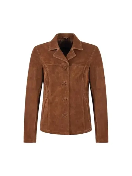 Front view of tan suede blazer with notch lapel, four-button front, long sleeves, and tailored shape on white background.