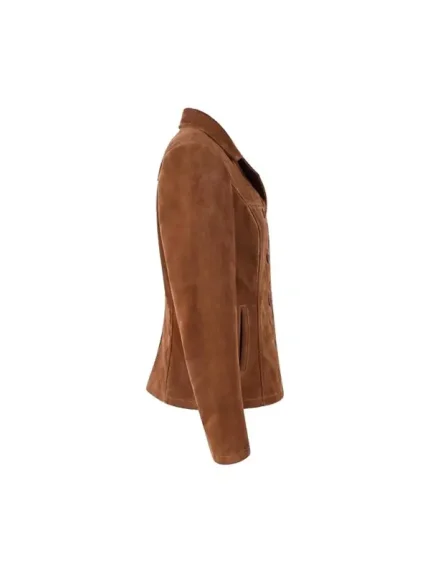 Side view of tan suede blazer showing slim silhouette, long sleeve, smooth suede finish, and side pocket opening on white background.