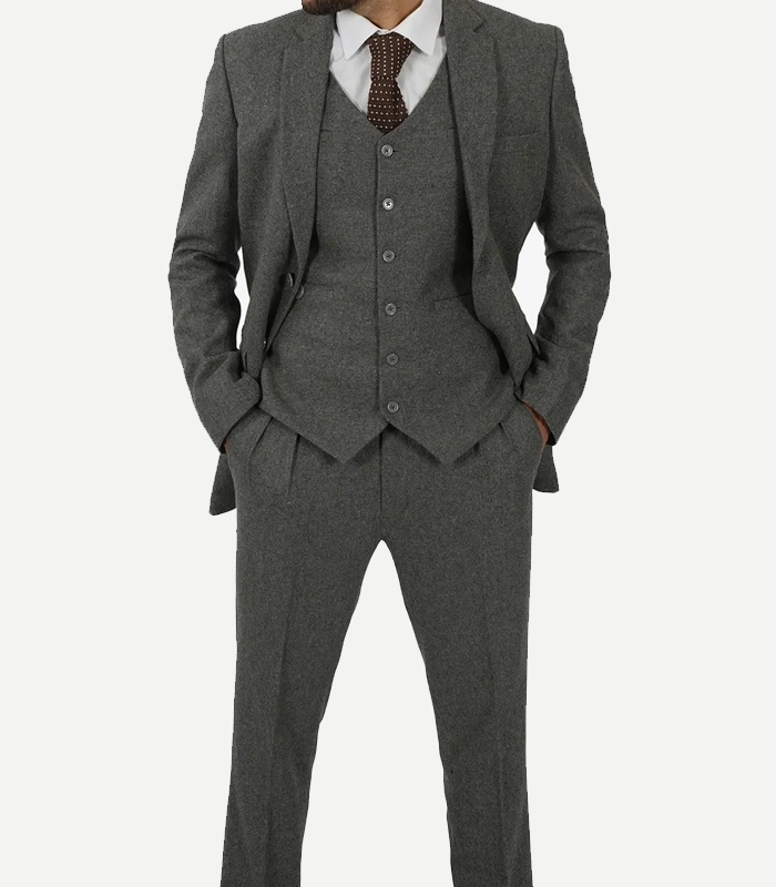 A Three-Piece Two-Button Gray Gangster Suit with a matching vest and trousers for a bold, vintage-inspired look.