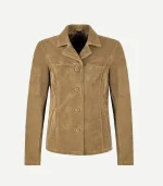 Beige Suede Blazer for women featuring a soft oatmeal finish, sharp notch lapels, and a modern tailored silhouette.