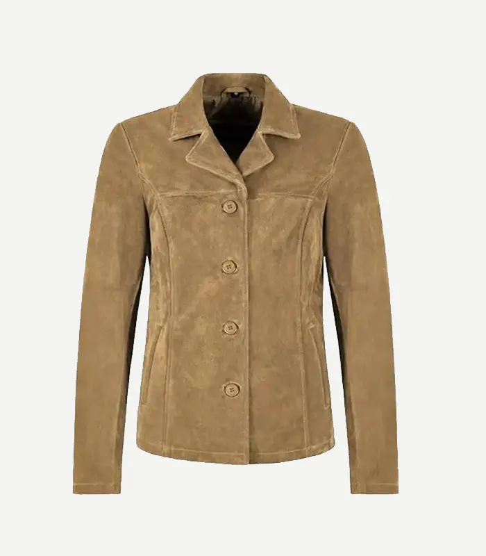 Womens Beige Suede Blazer Beige Suede Blazer for women featuring a soft oatmeal finish, sharp notch lapels, and a modern tailored silhouette.