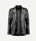 Black Leather Blazer featuring a sharp single-breasted front, notch lapels, and a sleek tailored fit for women.