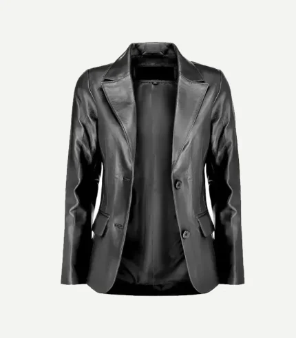 Black Leather Blazer featuring a sharp single-breasted front, notch lapels, and a sleek tailored fit for women.