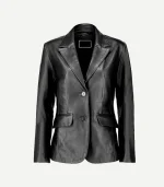 Black Leather Blazer in a deep onyx finish showing a streamlined profile and high-quality tonal stitching details.