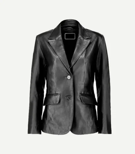 Black Leather Blazer in a deep onyx finish showing a streamlined profile and high-quality tonal stitching details.