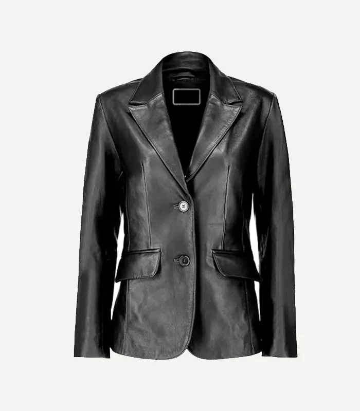 Womens Black Leather Blazer Black Leather Blazer in a deep onyx finish showing a streamlined profile and high-quality tonal stitching details.