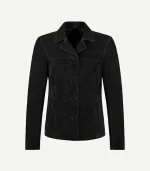 Black Suede Blazer styled with a minimalist design and a premium velvety surface in a rich, dark neutral black shade.