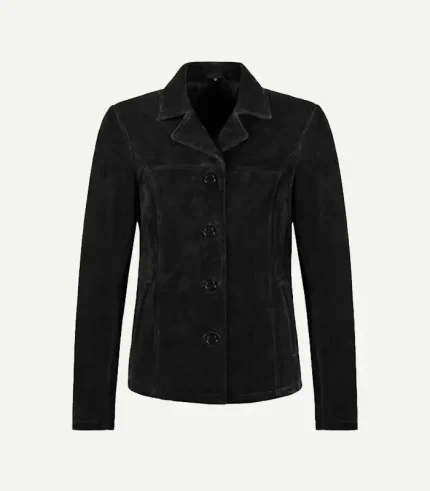 Black Suede Blazer styled with a minimalist design and a premium velvety surface in a rich, dark neutral black shade.