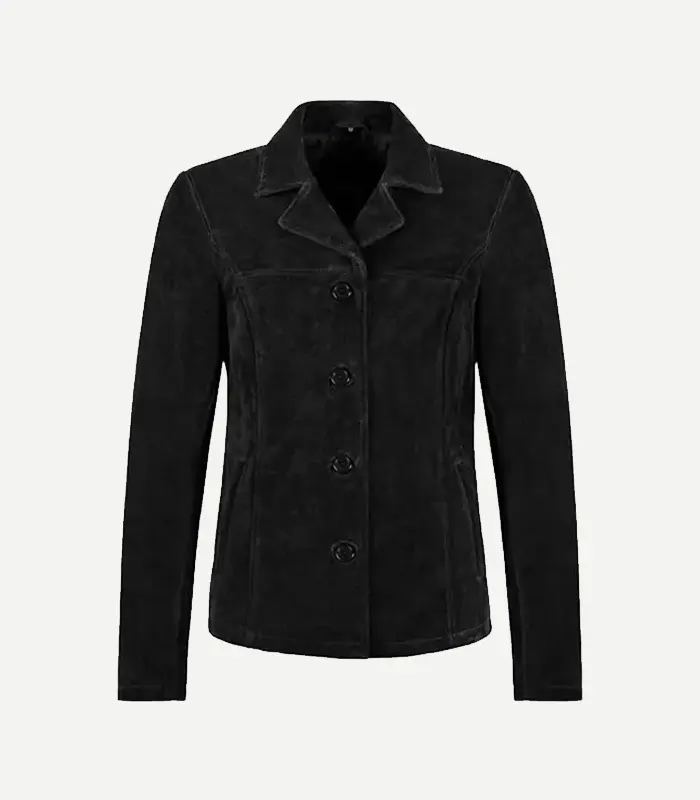 Womens Black Suede Blazer Black Suede Blazer styled with a minimalist design and a premium velvety surface in a rich, dark neutral black shade.