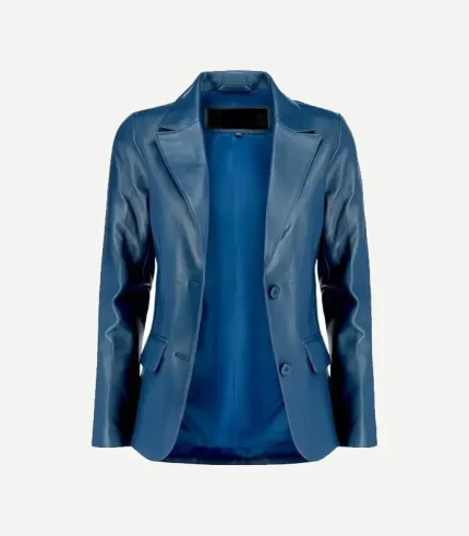 Blue Leather Blazer for women shown in a sophisticated navy tone with sharp notch lapels and a tailored, modern fit.