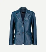 Blue Leather Blazer featuring structured shoulders, high-quality tonal buttons, and a streamlined, feminine silhouette.