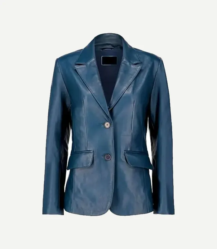 Womens Blue Leather Blazer Blue Leather Blazer featuring structured shoulders, high-quality tonal buttons, and a streamlined, feminine silhouette.