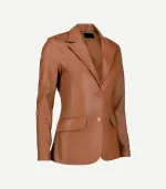 Brown Leather Blazer for women in a deep chocolate tone showing high-quality tonal buttons and precision stitching.