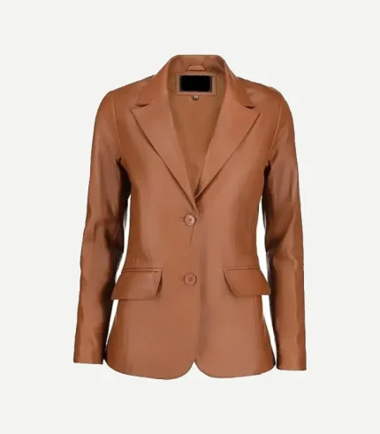 Brown Leather Blazer styled with a minimalist design and a premium polished surface in a warm, rustic cognac brown.