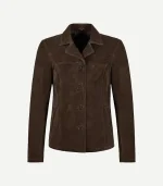 Brown Suede Blazer styled with a minimalist design and a premium velvety surface in a warm, rustic walnut brown.