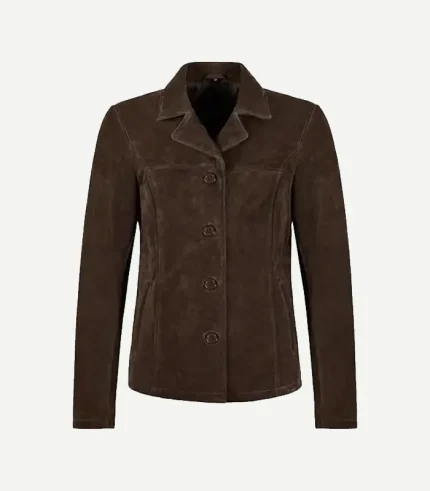 Brown Suede Blazer styled with a minimalist design and a premium velvety surface in a warm, rustic walnut brown.