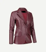 Burgundy Leather Blazer featuring a deep wine-toned finish, sharp notch lapels, and a modern tailored fit for women.