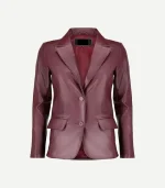 Burgundy Leather Blazer in a rich maroon shade showing high-quality tonal buttons and precision stitching throughout.