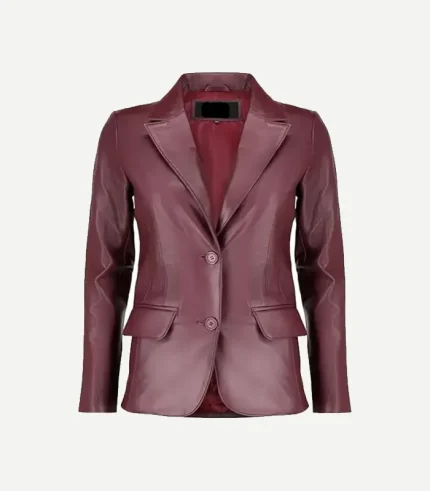 Burgundy Leather Blazer in a rich maroon shade showing high-quality tonal buttons and precision stitching throughout.