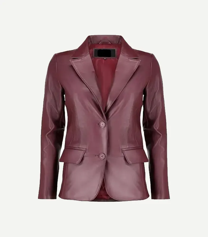 Womens Burgundy Leather Blazer Burgundy Leather Blazer in a rich maroon shade showing high-quality tonal buttons and precision stitching throughout.