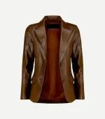 Dark Brown leather blazer in a sophisticated chocolate tone showing high-quality tonal buttons and precision stitching.