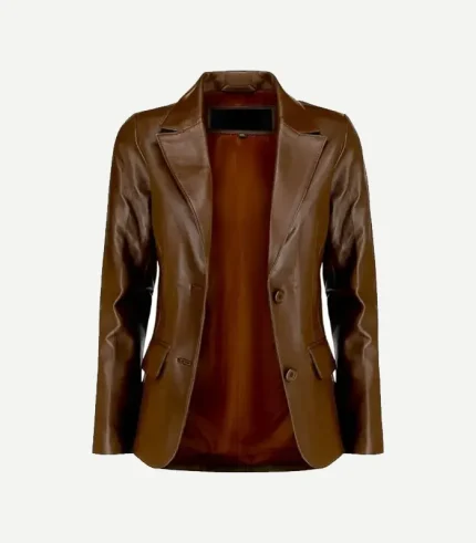 Dark Brown leather blazer in a sophisticated chocolate tone showing high-quality tonal buttons and precision stitching.