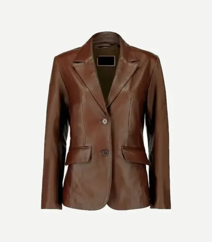 Dark Brown leather blazer styled with a minimalist design and a premium polished surface in a rich, dark umber shade.