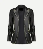 Distressed Black Leather Blazer featuring a weathered charcoal finish, sharp notch lapels, and a modern tailored fit.