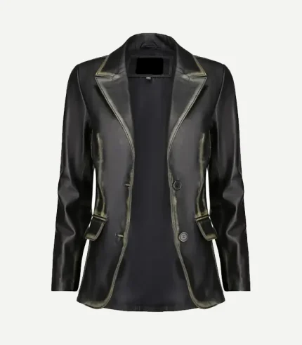 Distressed Black Leather Blazer featuring a weathered charcoal finish, sharp notch lapels, and a modern tailored fit.