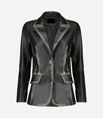 Distressed Black Leather Blazer showing a front view with vintage-style buttons and precision stitching in a faded onyx shade.