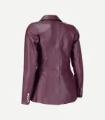 Front view of a Womens Double Breasted Burgundy Leather Blazer designed with a classic fit and smooth, polished texture.