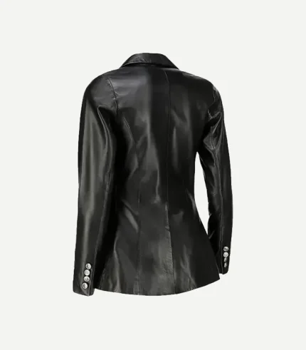 Back view of women’s fancy black leather blazer showing tailored seams and three cuff buttons