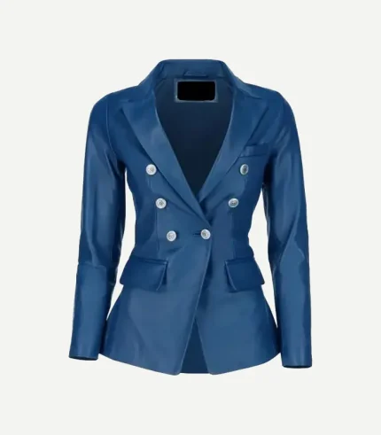 Front view of a Womens Double Breasted Blue Leather Blazerfeaturing six silver buttons and peaked lapels.