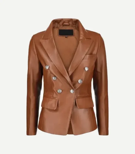 Front view of womens double breasted brown leather blazer with shiny buttons, notch lapel, and flap pockets