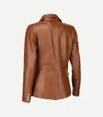 Back view of womens fancy brown leather blazer showing fitted waist seams, smooth finish, and cuff buttons