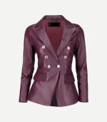A Womens Double Breasted Burgundy Leather Blazer featuring a rich wine-colored finish and elegant gold-tone buttons.