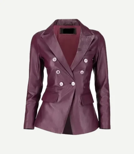 A Womens Double Breasted Burgundy Leather Blazer featuring a rich wine-colored finish and elegant gold-tone buttons.