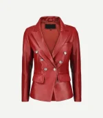 Womens Double Breasted Red Leather Blazer with silver buttons.