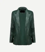 Green Leather Blazer in a deep forest shade featuring a smooth matte finish and a modern tailored silhouette for women.