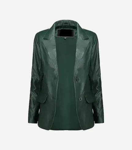 Green Leather Blazer in a deep forest shade featuring a smooth matte finish and a modern tailored silhouette for women.